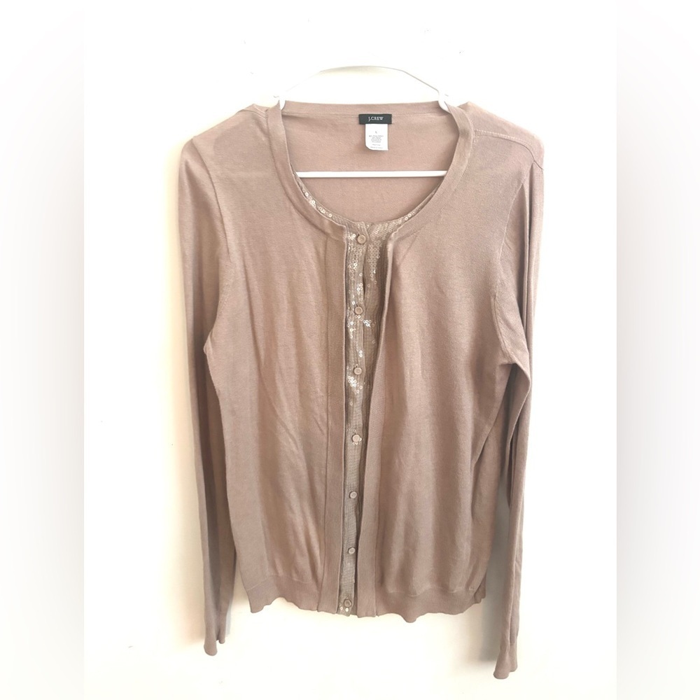 J.Crew Cardigan Pima Cotton Wool Sequin Trim L Tan Button Front Old Money Preppy